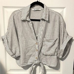 ZARA Women’s Blue Stripes V Button Tie Front Crop Top Size M